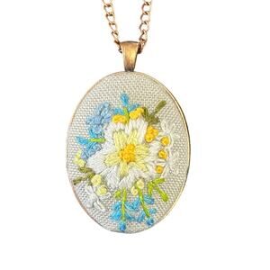 Meadow Flowers Bouquet Embroidered Pendant Necklace Handmade Pendant